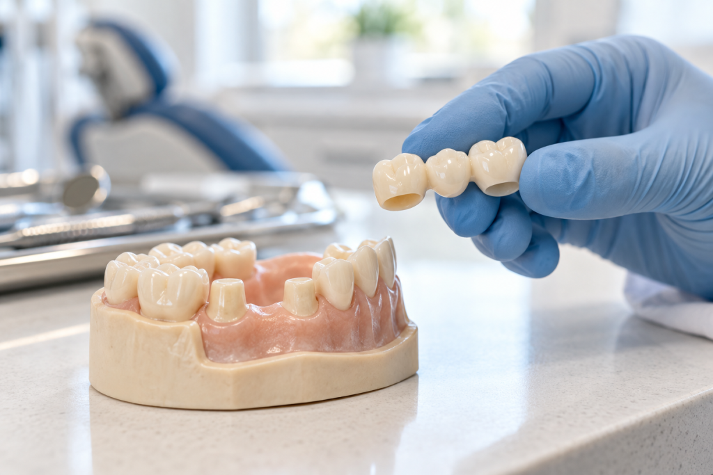 Dentist holding a three-tooth dental bridge above a model of teeth.