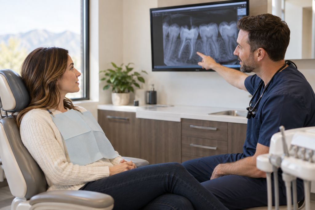 Dentist discussing a dental X-ray with a patient in a treatment room.