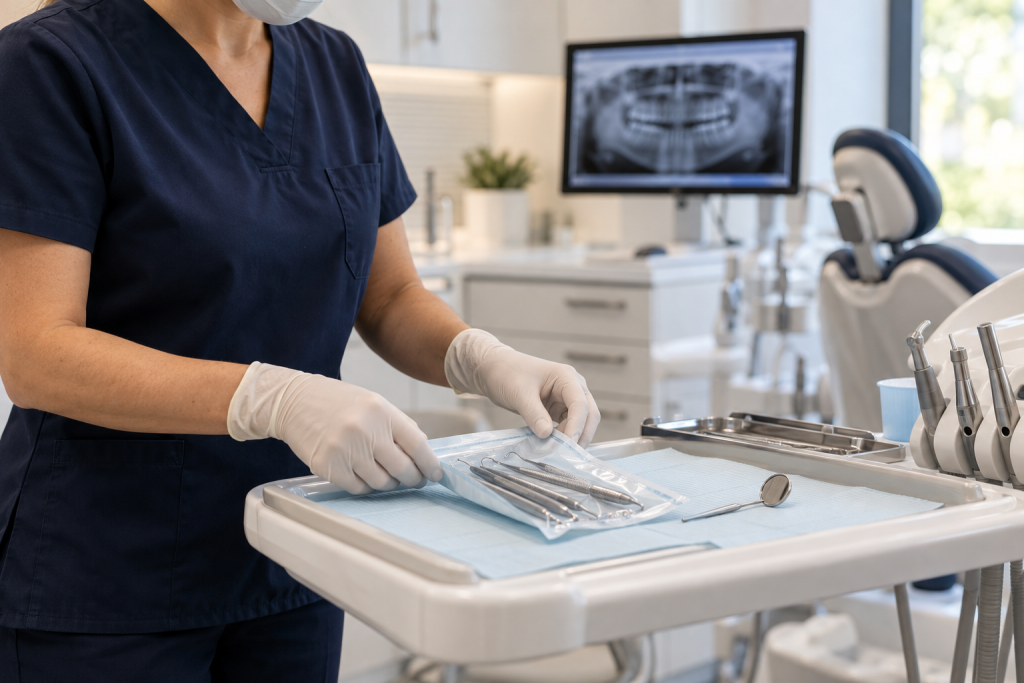 Dental professional preparing instruments on a treatment tray.